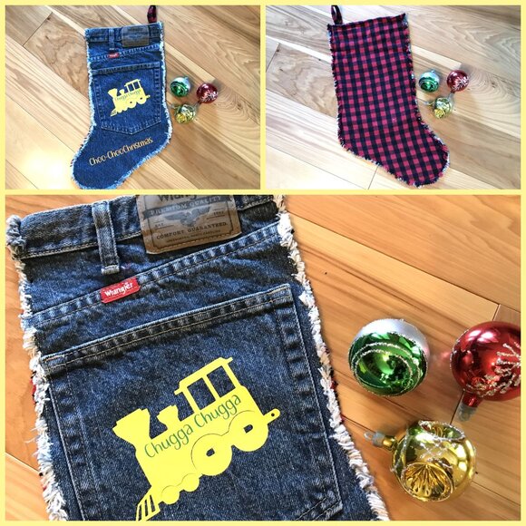 Handmade Denim Christmas Stocking w/Jean Pocket, Choo-Choo Train Graphics, S-M - Picture 9 of 9